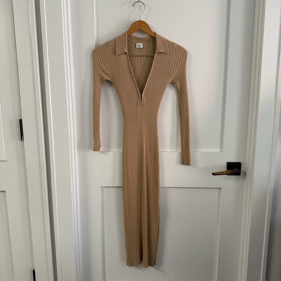 Tan Ribbed Knit polo midi Dress - Picture 1 of 3